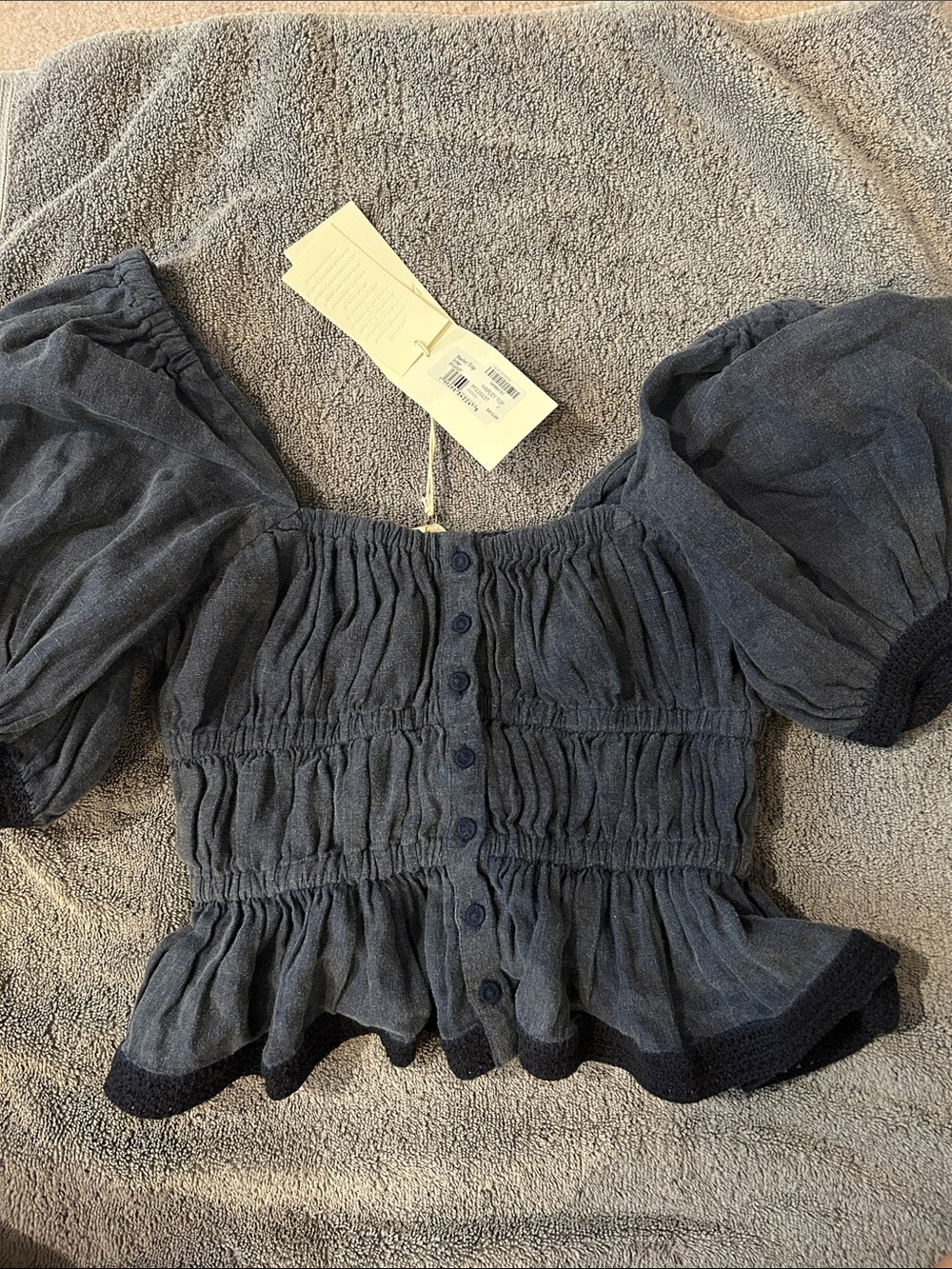 Ulla Johnson Navy Smocked Button-Front Puff Sleeve Blouse